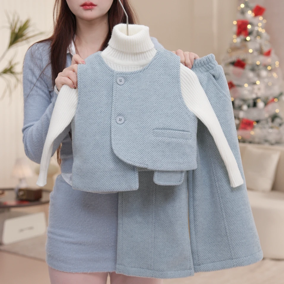 【海盐柠檬】女童新时尚高领毛衣加厚马甲裤子套装儿童三件套D68731