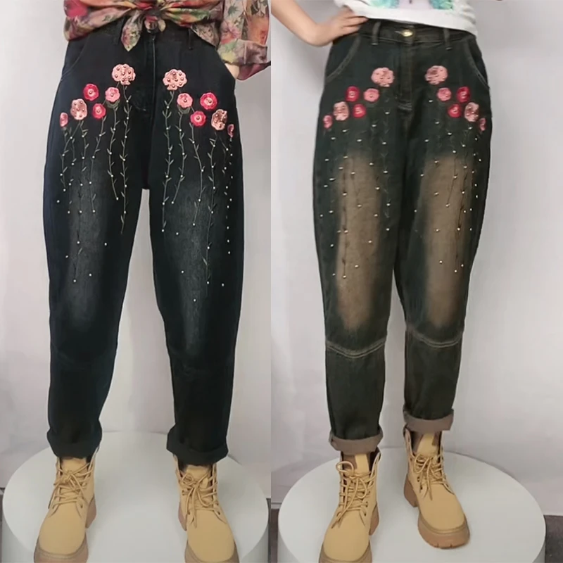 2024秋冬新款刺绣装饰显瘦哈伦裤刺绣烫钻设计水洗阔腿老爹裤