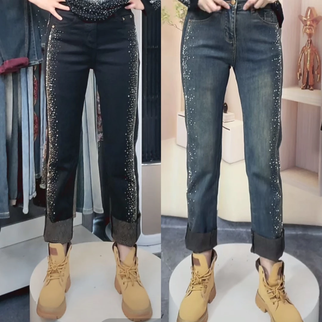 薄绒直筒牛仔裤女2024年冬季新款高腰紧身显瘦百搭欧货烫钻铅笔裤