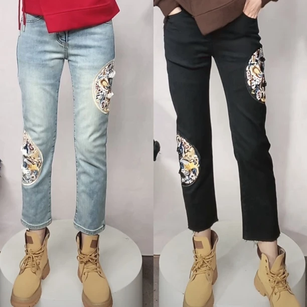 牛仔裤时尚国潮风盘扣弹力加绒外穿秋冬高弹显瘦设计师直筒九分