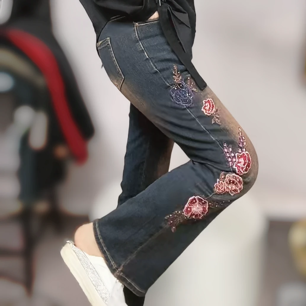 牛仔裤女微辣刺绣烫钻高弹潮牌欧货绣花重工民族风复古