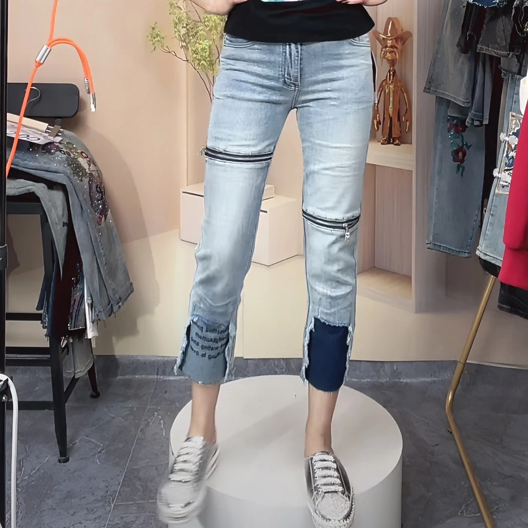 2024春季新款时尚潮流韩版拉链设计烟管裤显瘦直筒裤百搭牛仔裤