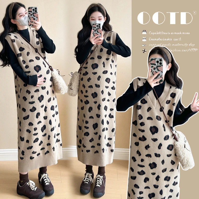 2024新款秋冬季孕妇连衣裙韩版时尚豹纹设计感气质显瘦减龄背心裙
