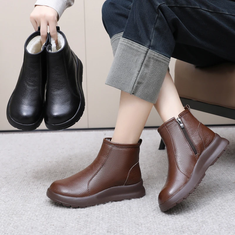 头层牛皮皮毛一体女短靴软面软底舒适安脚中年女棉鞋保暖妈妈鞋