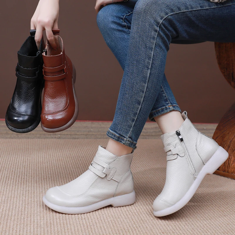 新款秋冬真皮平底短靴时尚百搭单层皮靴女软面软底舒适妈妈鞋单靴