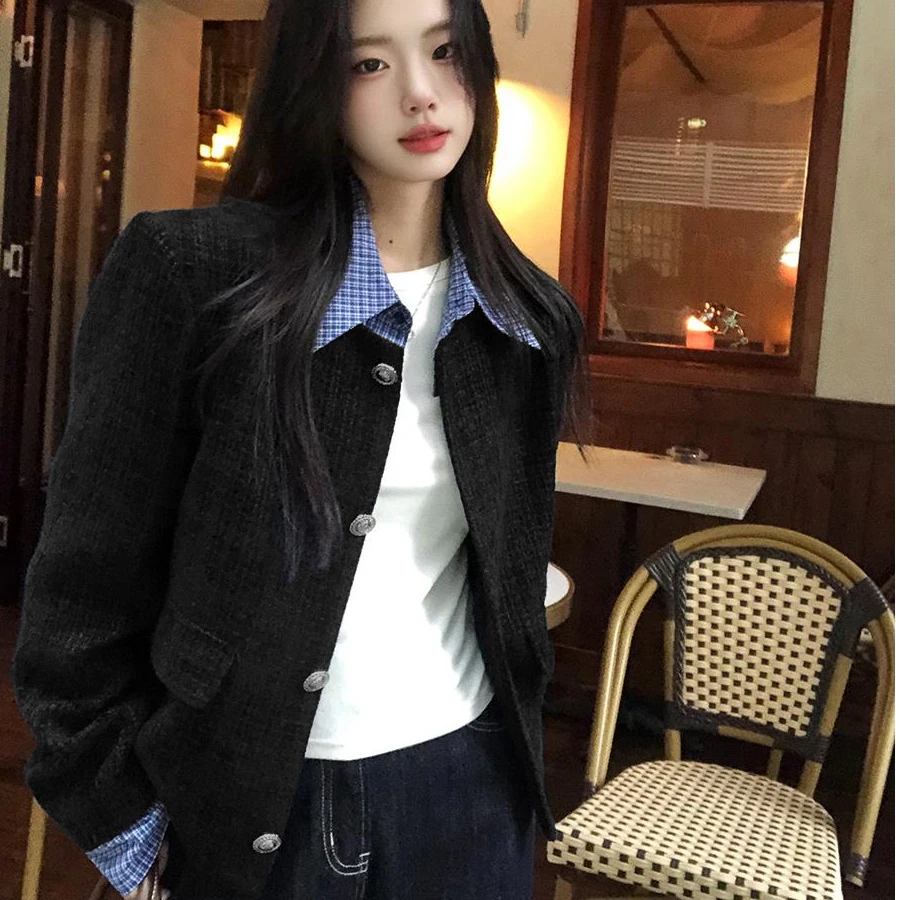 格子拼色小香风短款外套女2025春秋洋气新款时尚高级感气质粗花呢