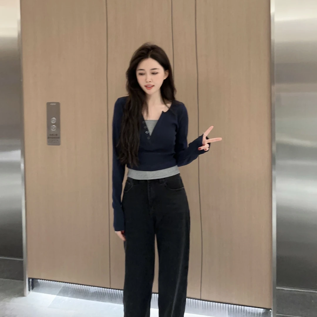 【带扣V领】小允姐姐2023新款设计感百搭气质V领长袖拼接假两件上衣