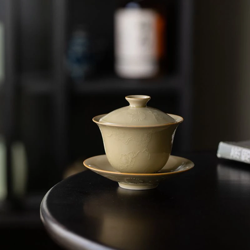 定窑黄三才盖碗茶杯岁寒三友不烫手茶碗单个大号带盖功夫泡茶器