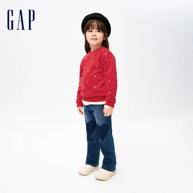 Gap女幼童冬季2023新款LOGO印花抓绒保暖卫衣836922儿童长袖上衣