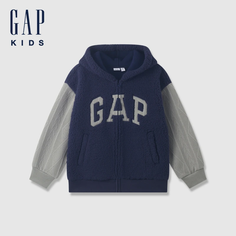 Gap男童2024秋冬新款仿羊羔绒拼接连帽卫衣加厚保暖外套593845
