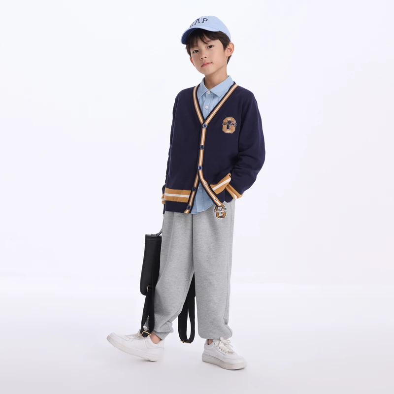 Gap童装2024秋季新款纯棉条纹针织衫儿童学院风开衫外套642670