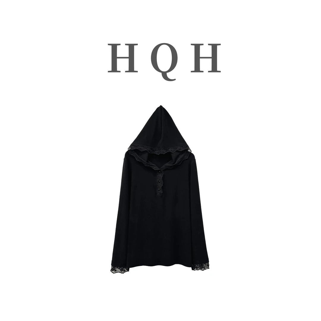 『1116#』轻奢高级拼接蕾丝三粒扣连帽内搭叠穿显瘦设计花边帽衫