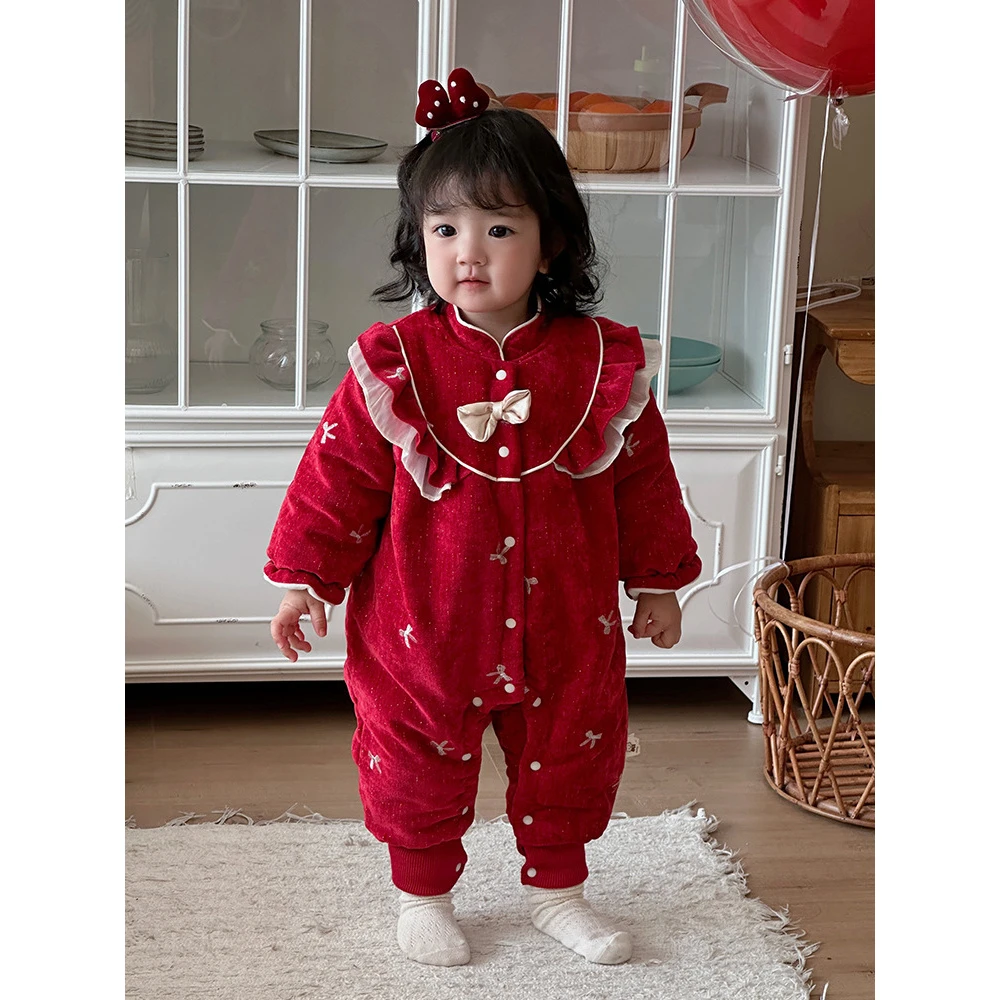 婴幼儿冬季洋气甜美蝴蝶结荷叶边爬爬服女宝宝拜年服周岁服连体衣