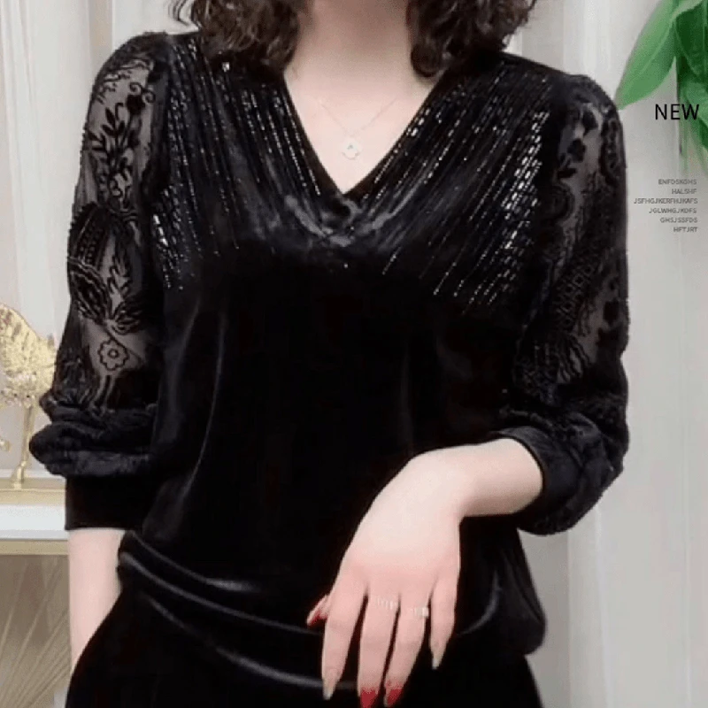 翊秋季新款长袖打底衫大码遮肚子显瘦气质百搭烫钻t恤洋气上衣女