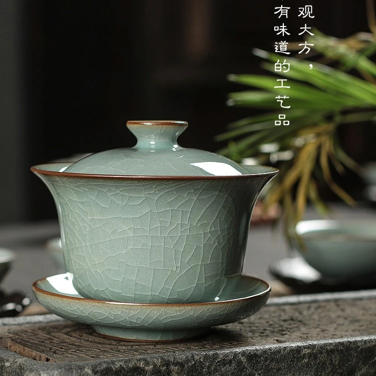 青瓷三才盖碗茶杯大号家用复古泡茶功夫茶具龙泉哥窑冰裂陶瓷单个