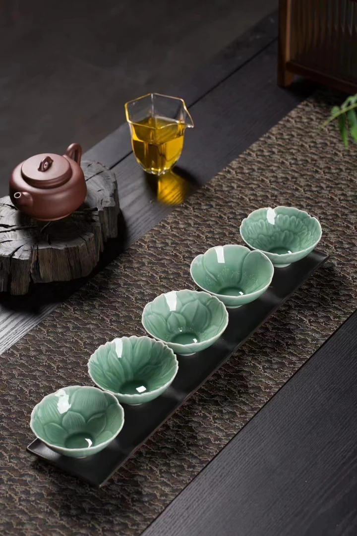 青瓷手工刻花功夫茶主人杯单杯陶瓷龙泉茶具大号茶盏品茗杯花口杯