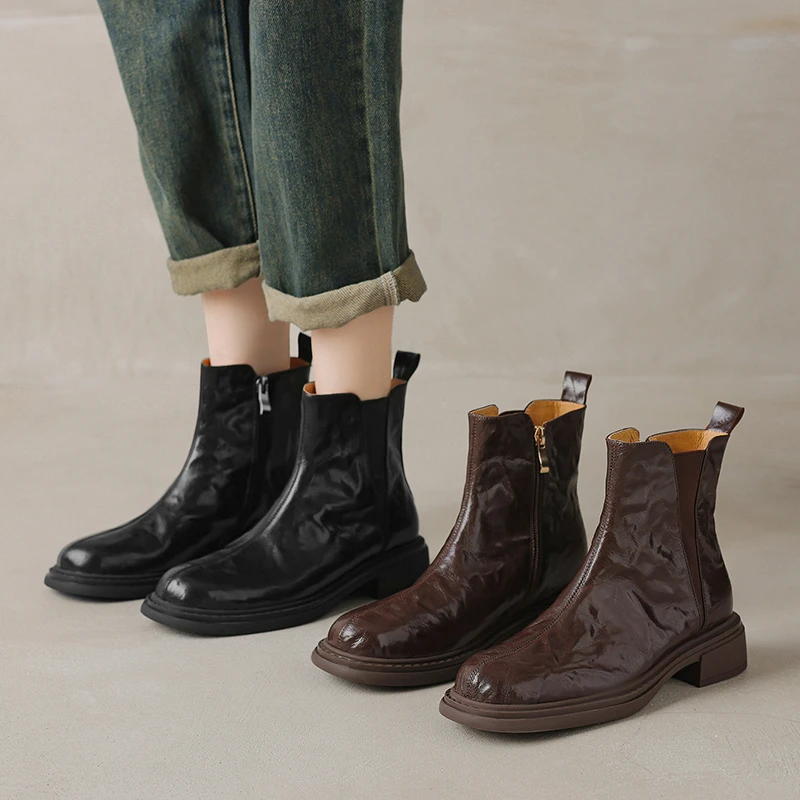 真皮单靴低帮复古软皮鞋黑女靴圆头2024秋季新款平底切尔西短靴