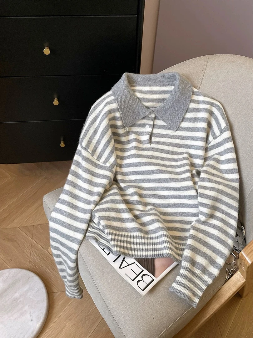 韩系条纹撞色Polo领针织衫女2024秋冬新款时尚减龄套头毛衣