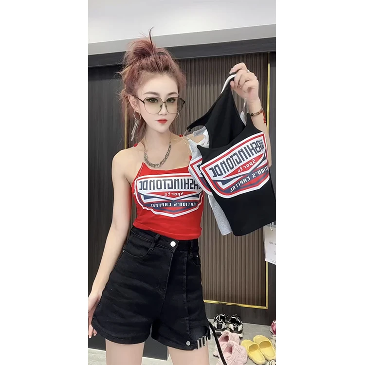 夏季港风女装时髦设计感吊带新款时髦辣妹印花字母修身小背心女