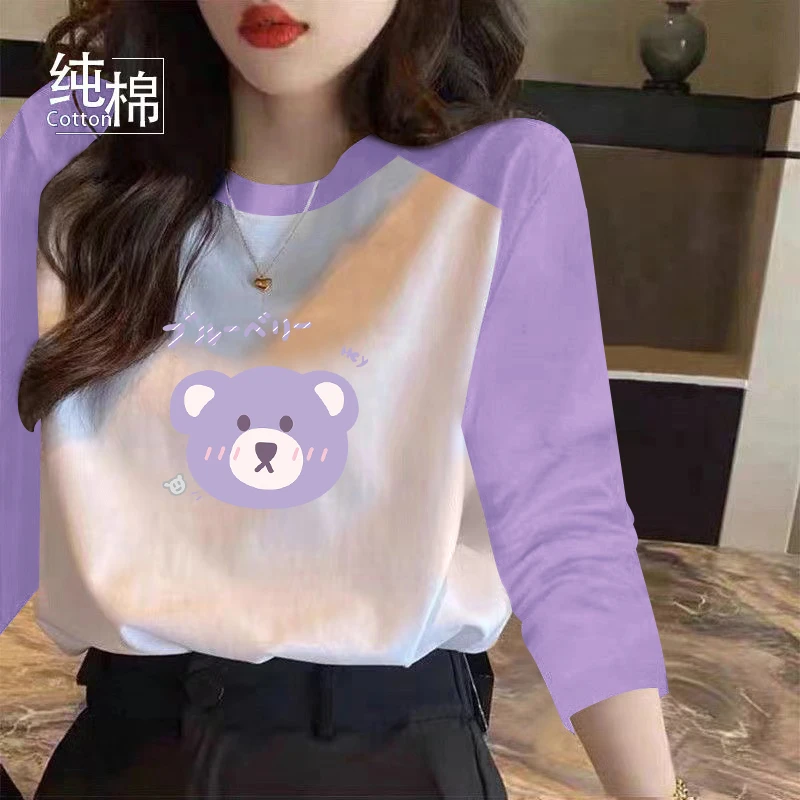 韩版纯棉拼接新款撞色显瘦2024长袖春秋宽松打底秋季上衣圆领加厚