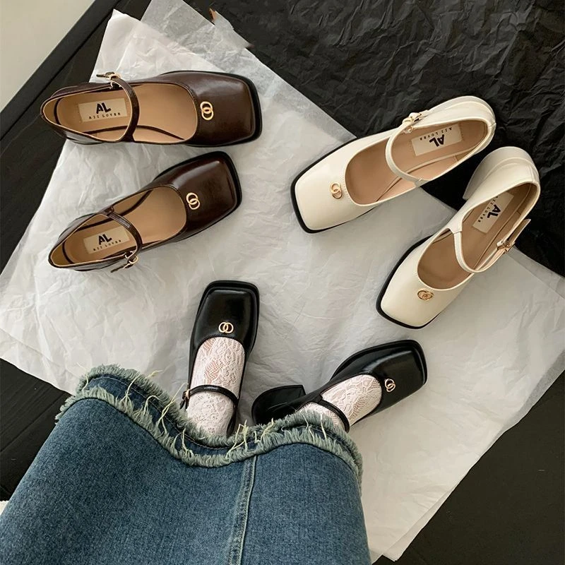 粗跟单鞋女中跟2023年春季新款韩版法式仙女风学生一字扣玛丽珍鞋