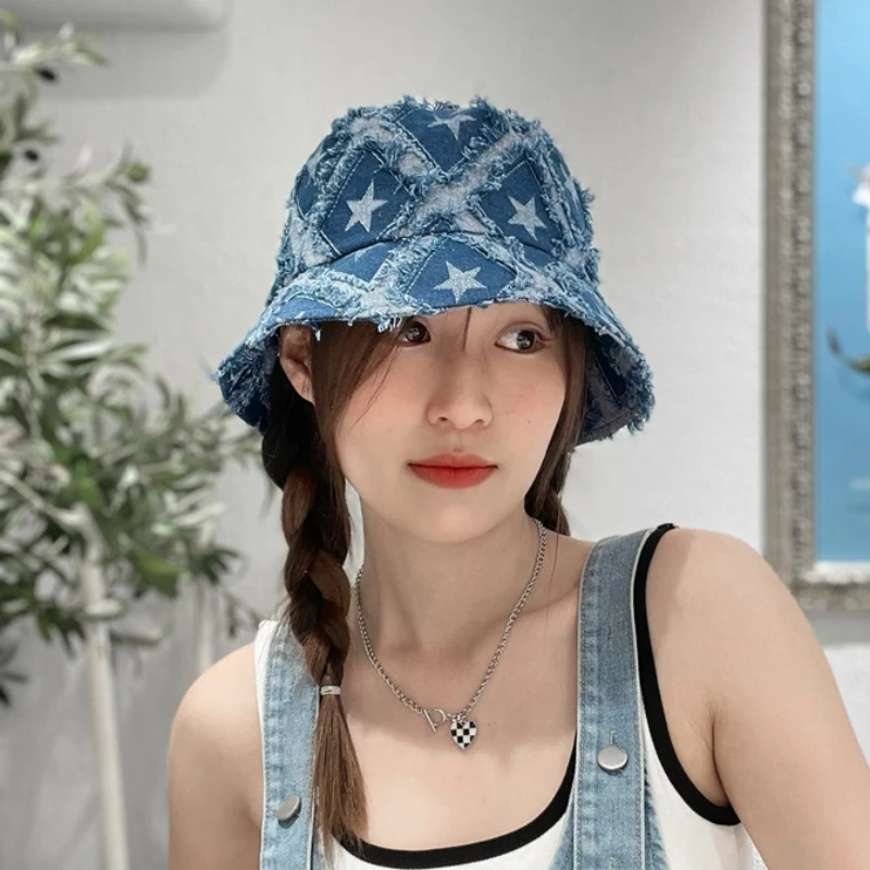做旧牛仔星星渔夫帽子女春秋款时尚复古破洞百搭显脸小水桶盆帽男