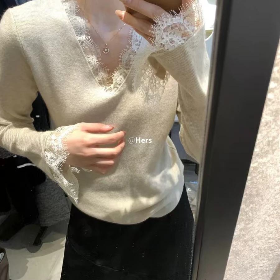 法式少女~优雅感蕾丝针织上衣