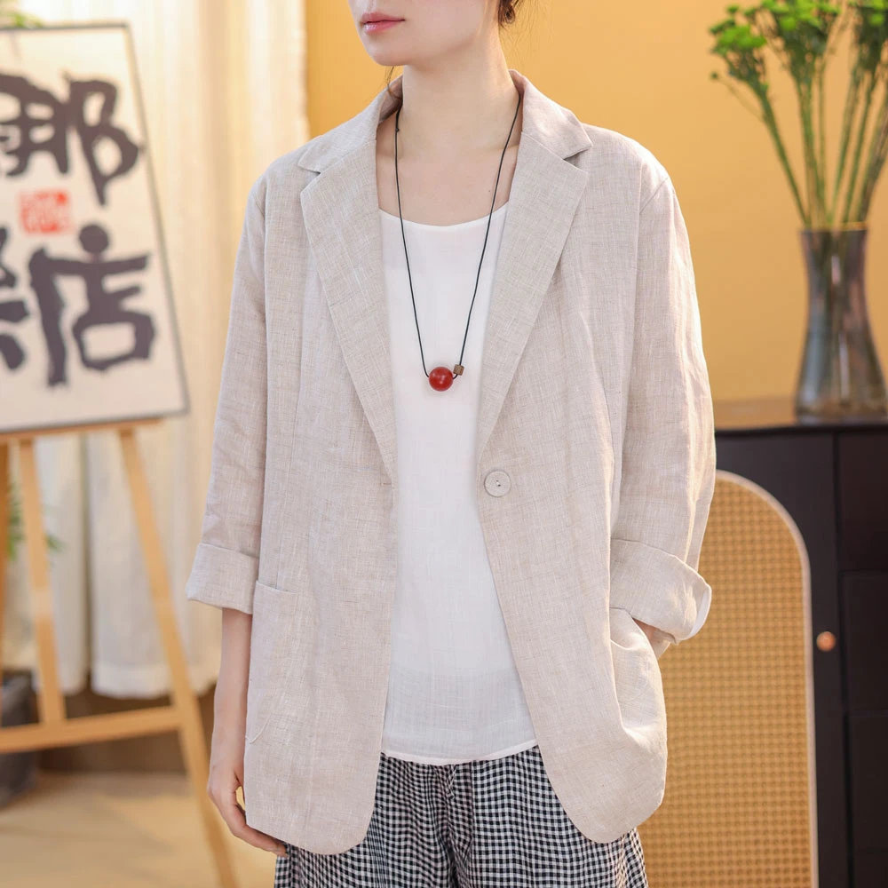 8118王楠自制2024秋季新款本布包扣纯亚麻女士西服
