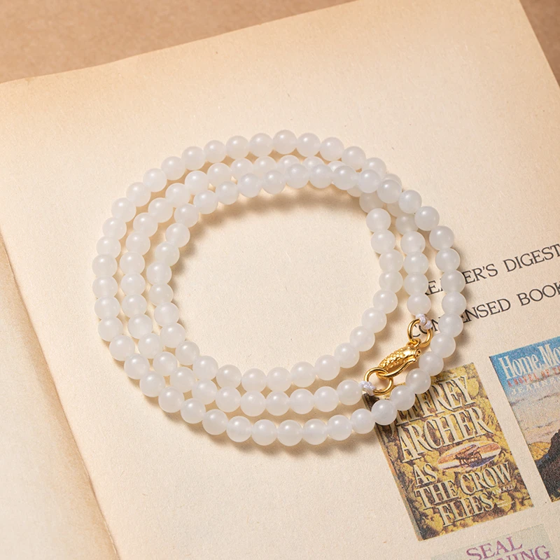 和田玉白玉卡5mm圆珠108项链多圈手串且末金山矿