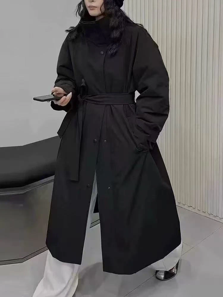 韩系2024冬新款时尚立领百搭系带棉衣棉服宽松长款风衣加厚外套女