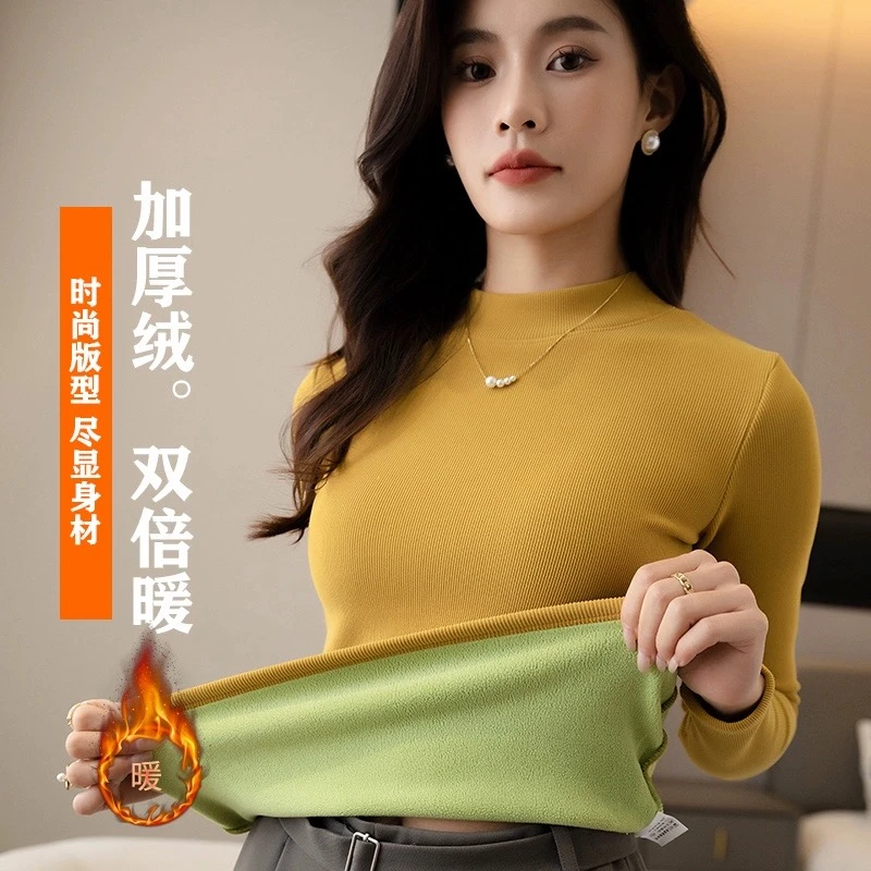 【崔万志工厂】加绒加厚半高领冬季加厚保暖时尚百搭打底衫女