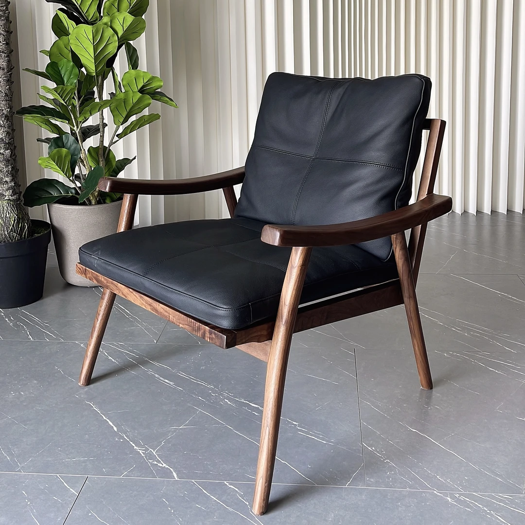 北美黑胡桃休闲椅实木躺椅真皮躺椅全实木家具客厅沙发松弛感