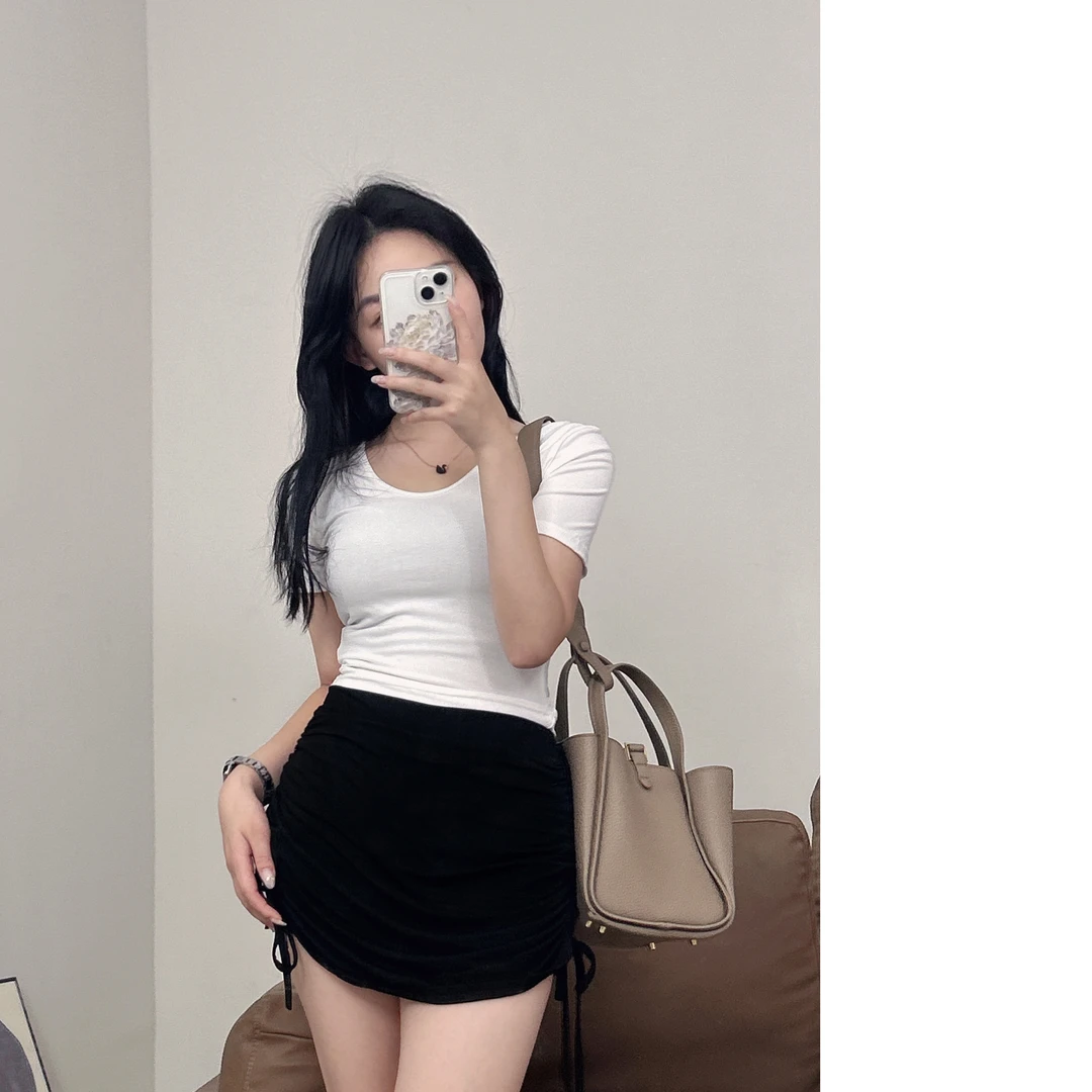 迈沃格2024夏季新款短款高腰辣妹钱U后V前后两穿紧身简约百搭T恤