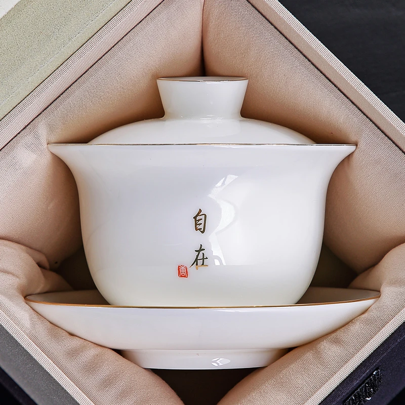 YH唐丰羊脂玉瓷三才盖碗茶具单个高档家用功夫泡茶杯德化白瓷冲茶