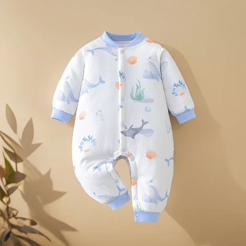 婴儿秋冬季衣服150克三层保暖连体衣无骨哈衣宝宝长袖秋冬款爬服