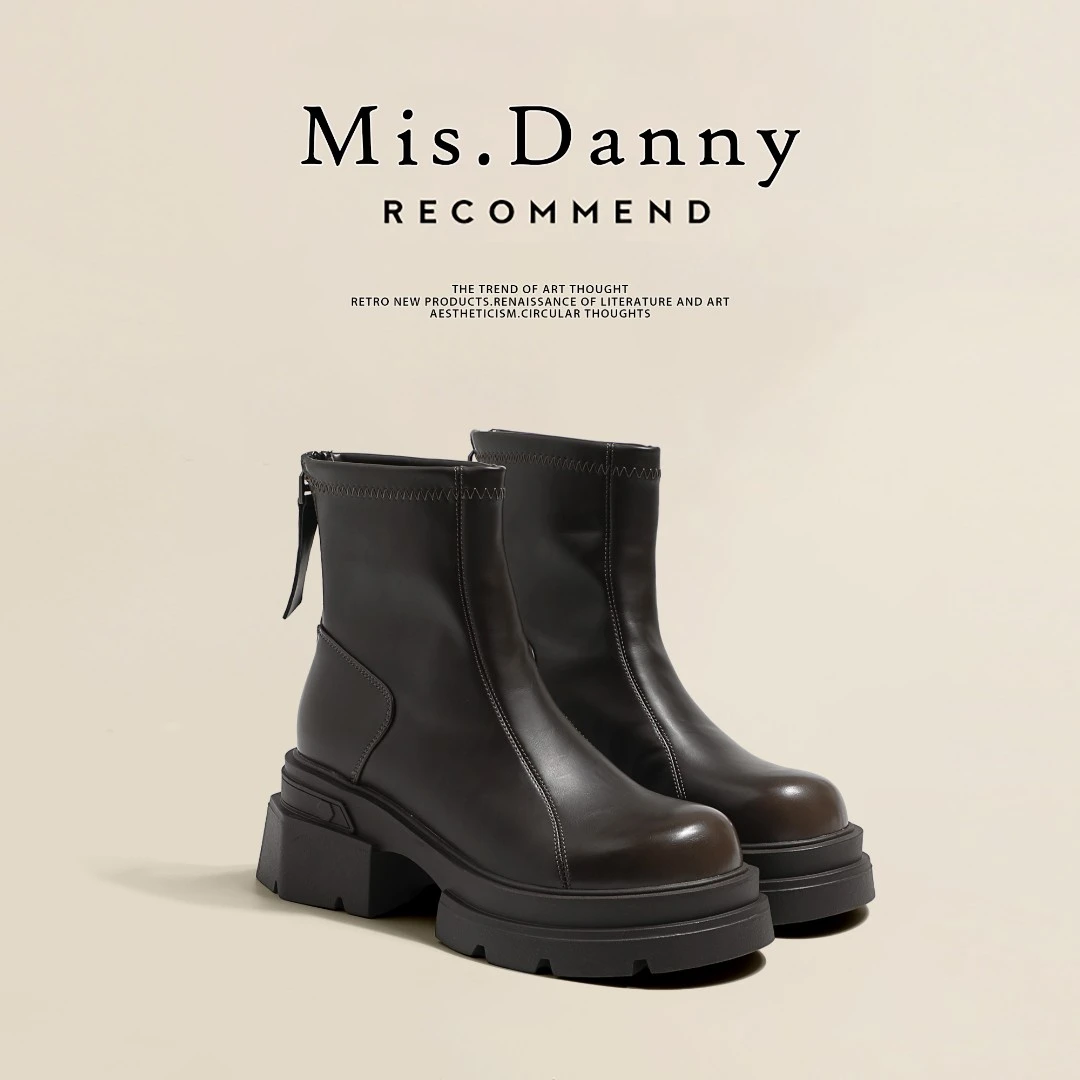 MisDanny切尔西短靴女2024新款英伦高跟靴子女秋冬加绒厚底马丁靴