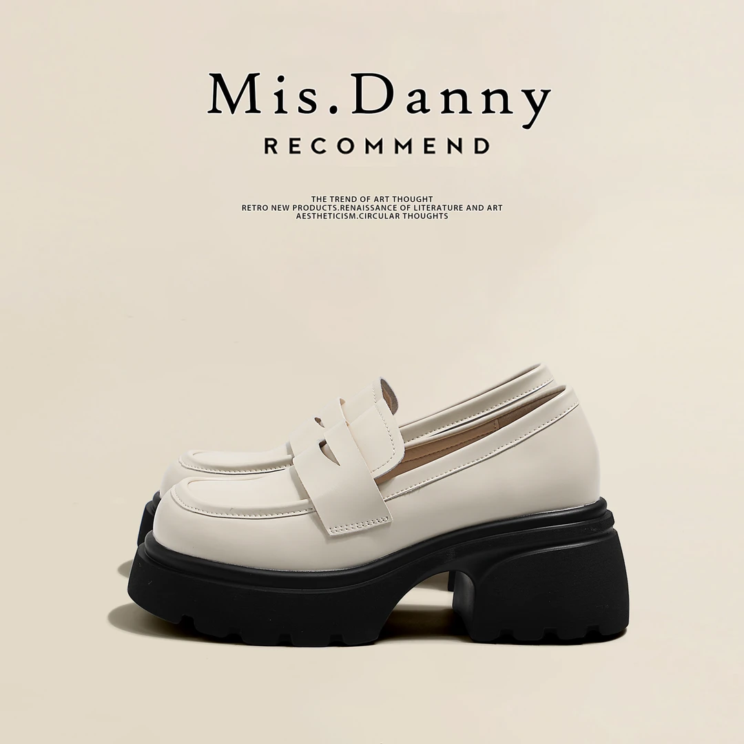Mis.Danny2025春季新款粗跟厚底乐福鞋增高白色圆头英伦风小皮鞋