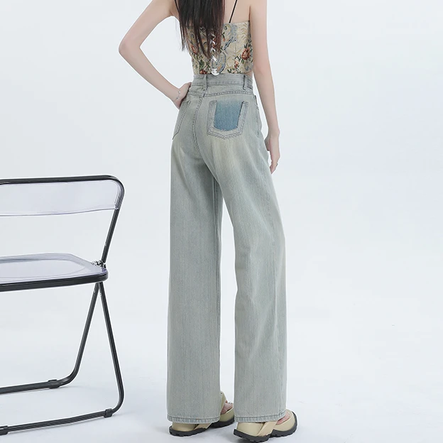 后口袋设计纹理2024夏季新款怀旧高腰阔腿牛仔裤女显瘦拖地裤子