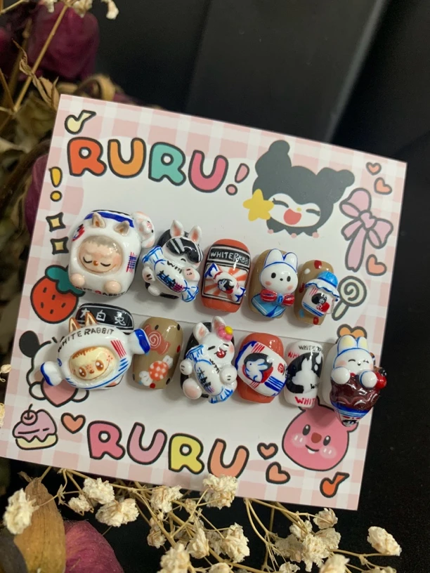 大白兔Labubu ——RURU纯手工手捏立体平面手绘可爱卡通穿戴甲