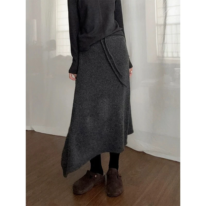 意式针织休闲风半身裙高腰冬季中长款宽松加厚秋冬毛呢开叉