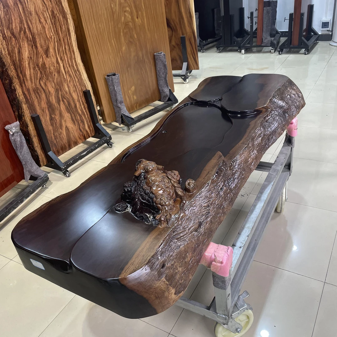 768-长190宽72-79厚15.5公分自然边黑檀实木茶盘整板茶桌茶台茶几