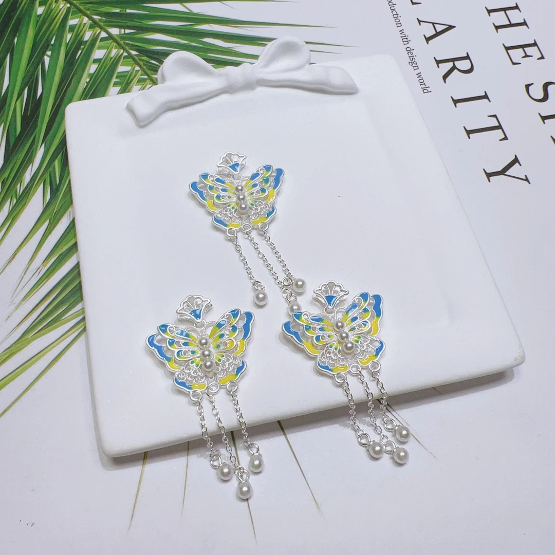 吊坠足银珐琅 足银彩色蝴蝶流苏吊坠D015（多样性发其一）