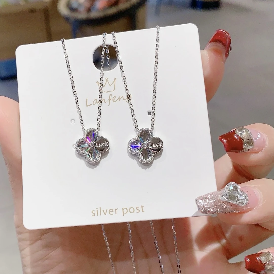 坠链均925银合成锆石 S925银七彩精工四叶草套链T355