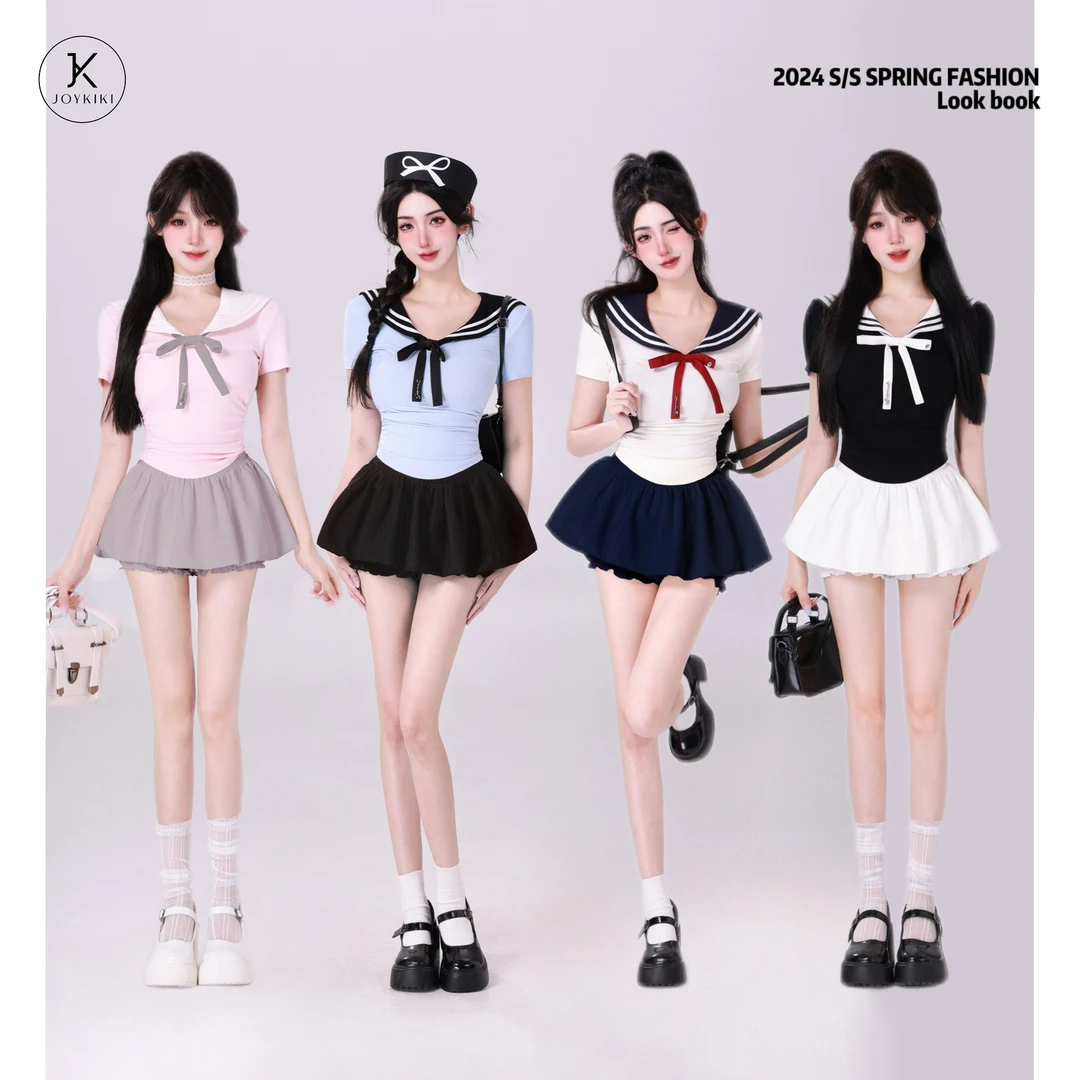 金金JOY KIKI【海派甜心】学院风辣妹海军领拼接撞色上衣J24B082