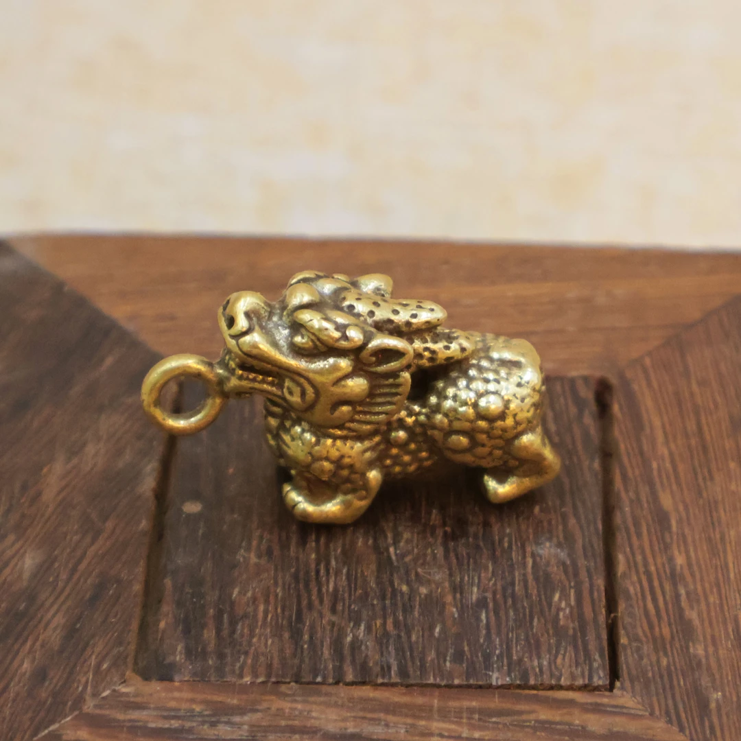 复古黄铜实心龙麒麟小铜器钥匙扣挂件创意貔貅吊坠腰间茶宠挂坠