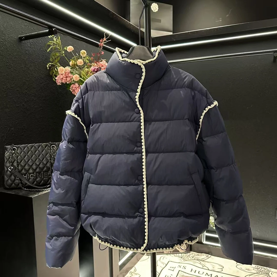 2024年冬白鸭绒藏蓝色羽绒服女加厚新款时尚高级感小香风外套三