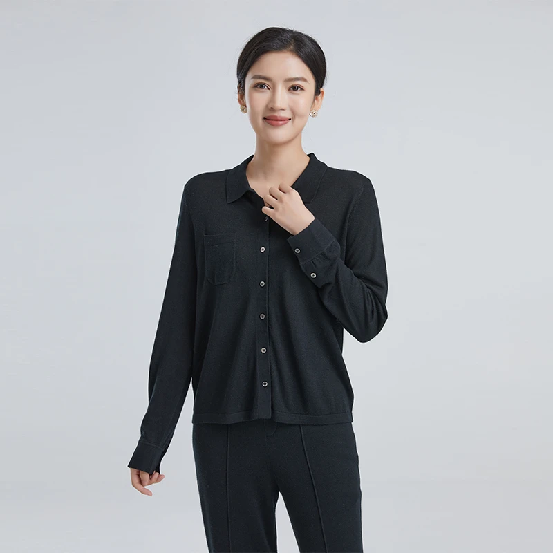 东黎 桑蚕丝山羊绒 女士夏季通勤百搭衬衫翻领长袖亲肤纯色3001