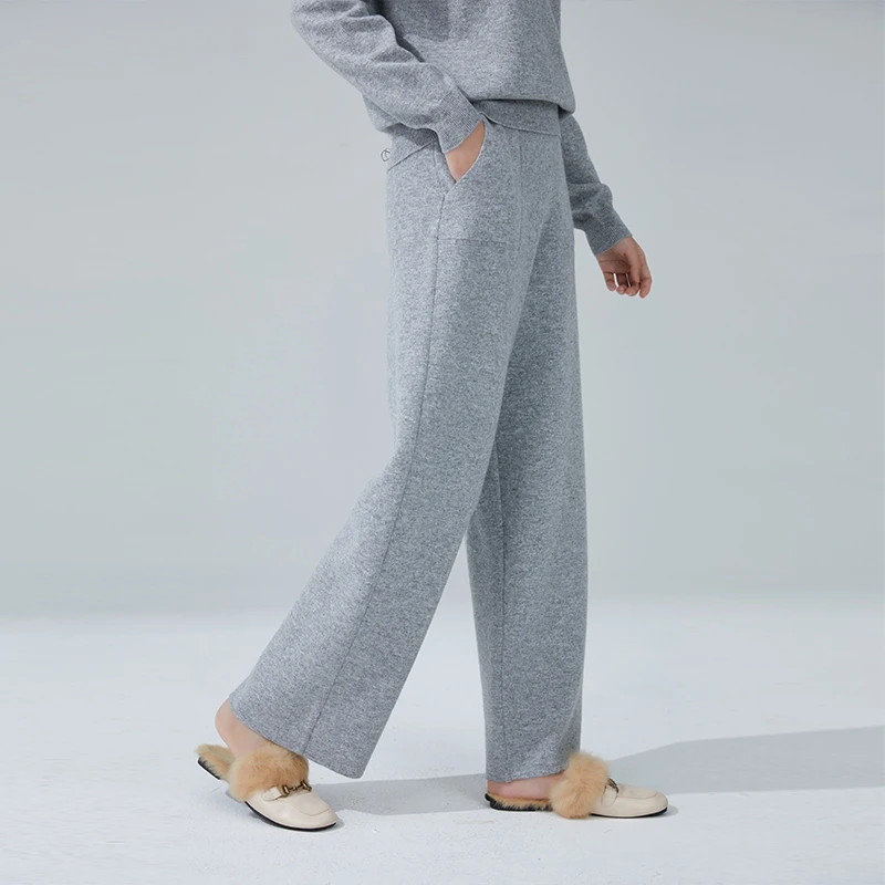 东黎 山羊绒 女士秋冬针织羊绒裤宽松高腰时尚休闲外穿长裤3812