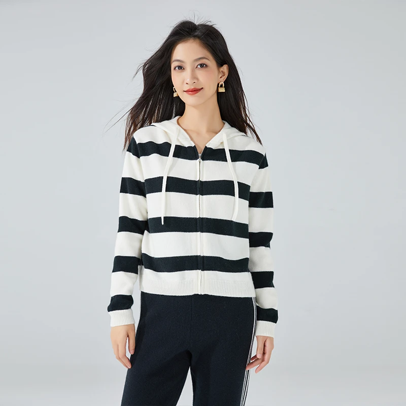 东黎 山羊绒 女士秋冬针织连帽羊绒开衫黑白条纹撞色长袖休闲3352