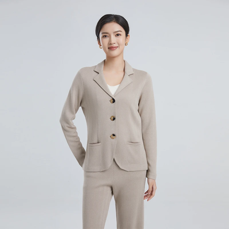 东黎 桑蚕丝山羊绒 女士针织人字纹系列套装西服气质休闲时尚3237